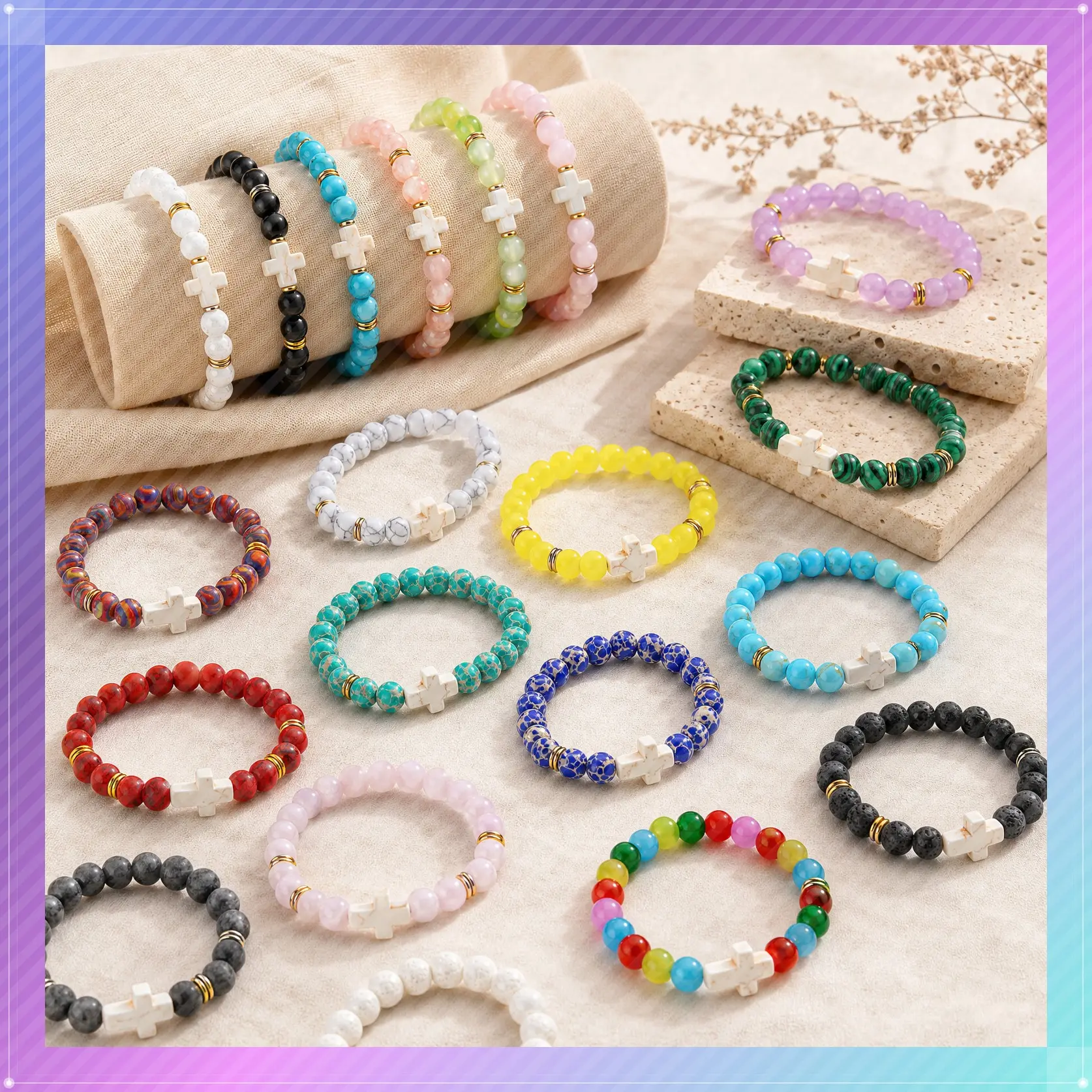 24Pcs Cross Beads Bracelet Christian Gift for Women Men Couple Religious Gifts 8mm Cross Bracelets Healing Lava Stone Stretch Gift for VBS Summer Church Camp Back to school Sunday School Rewards Party Favor