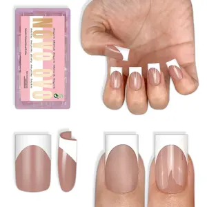 NOVO OVO Short Sharp Square White French Tip Nail Tips Press on Brown Pink, Extra Thick NEED Builder Gel & Top Coat & Glue, Soft Gel full Cover False Fake Nail Extension for Salon DIY x 15 Sizes 240 pc