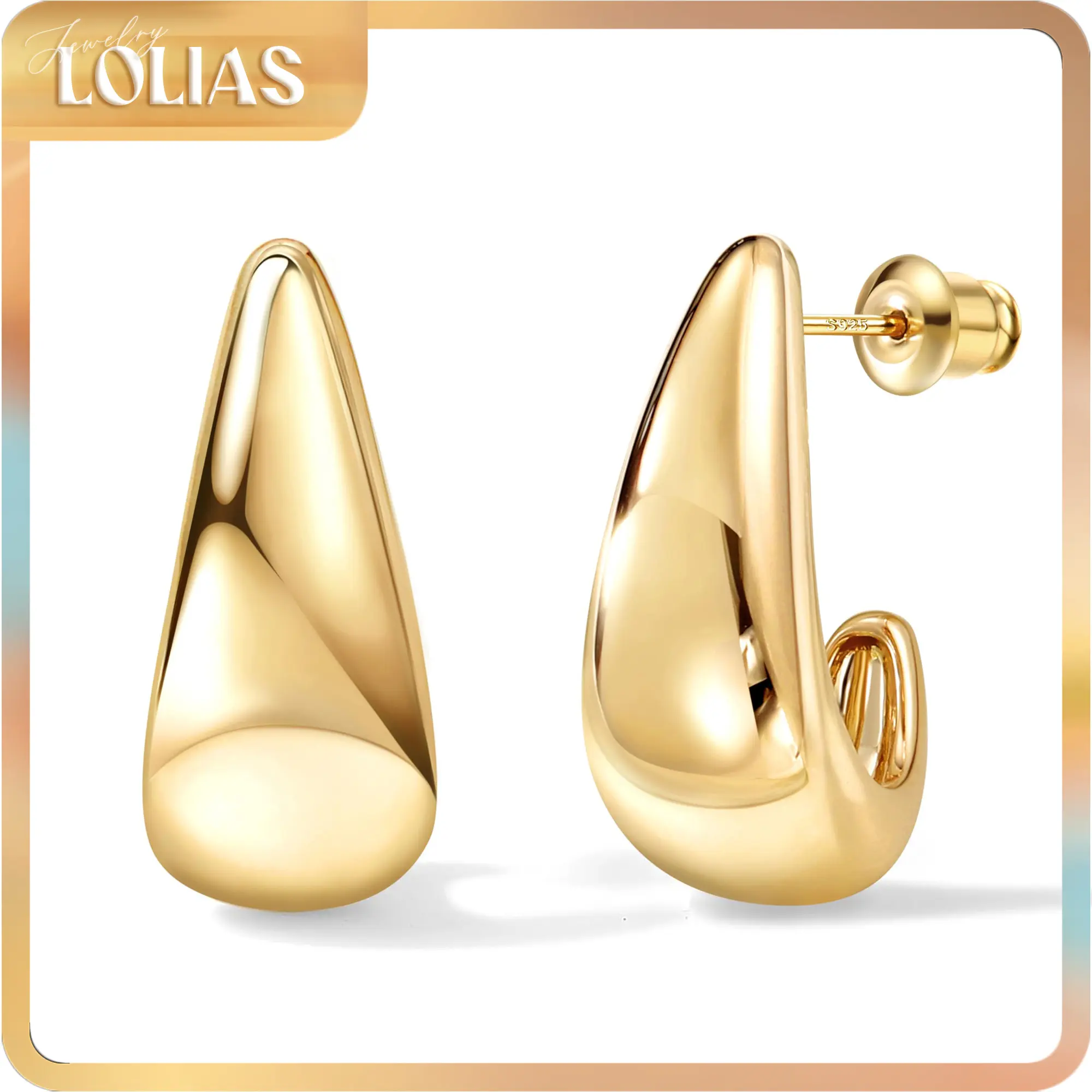 LOLIAS 925 Silver Chunky Huggie Hoop Earrings for Women | 14K Gold Plated Teardrop & Dome Gold Hoops, Thick, Hypoallergenic Huggie earrings, Gold/Silver/Rose Gold | Statement jewelry gift and everyday wear.