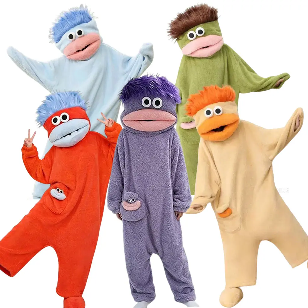 Funny Puppet Onesie Pajamas, Soft Fleece Wearable Hoodie Loungewear, Cute Cartoon Character One‑Piece Costume for Halloween Home Party, One Size for Women Men