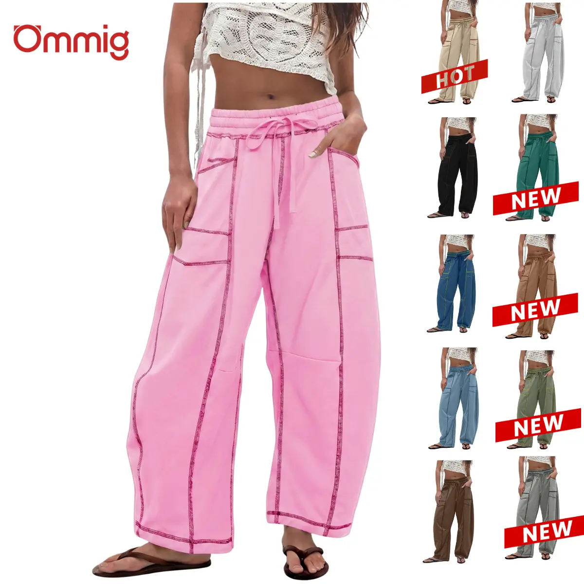 Ommig Womens Baggy Wide Leg Pants Casual Summer Palazzo Pants Drawstring Waist Lounge Pants with Pockets