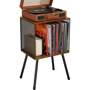 Record Player Stand with Storage up to 100 Albums, Retro Small Vinyl Record Holder - Adjustable Divider, Book/LP Record Storage Holder and Organizer Vinyl Table for Bedroom Living Room