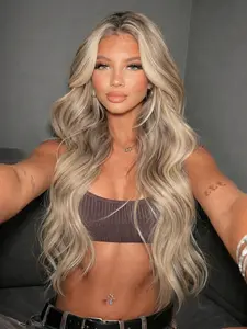 13x4 Lace Front Wig Brown Blonde Highlight Wavy Wig HD Transparent Lace Frontal Wig Water Wave Wig Free Parting Pre-Plucked Natural Hairline Concert Music Festival Look Wavy Synthetic Wig for Women Everyday Wear Dating 28 Inch Pre Everything Wigs
