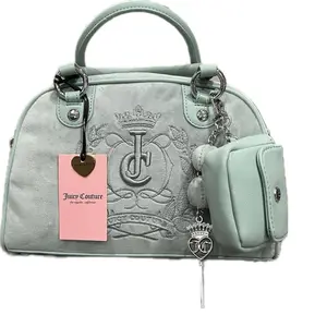 Juicy Couture Sparkle Royal Satchel, Frosty Green Velour Bag with Crest Logo, Silver Hardware, Contemporary Women's Handbag, Unique Gift, Party Gift Bag
