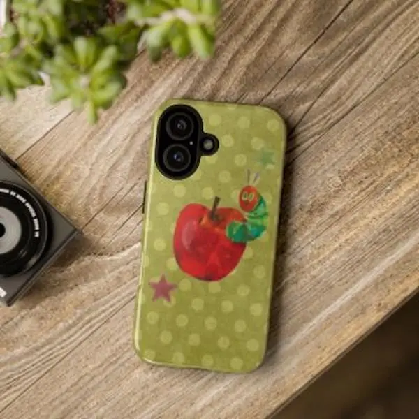Cute Caterpillar & Apple Phone Case| Vintage Green Polka Design| Compatible with iPhone 17 16 15 14 13 12 11 Pro Max Plus & Samsung Galaxy S26 S25 S24 S23 S22 Ultra| Durable Tough Protective Cover for Book & Nature Lovers, Aesthetic, Accessories