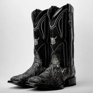 “Ace Of Spades” Grey/Black Leather Boots - Square Toe
