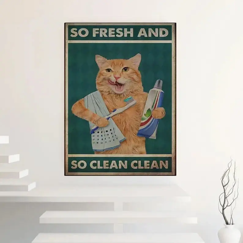 Vintage Decor - So Fresh And So Clean Clean Cat Poster, Cute Bathroom Poster, Laundry Room - Unframed Canvas Poster Gifts Decoration Colorful Ornaments Wall Photo