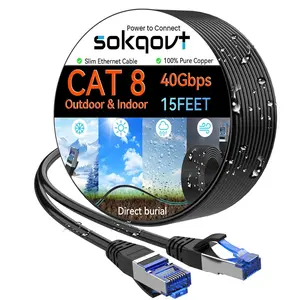 Cat 8 Ethernet Cable Slim 15ft Outdoor&Indoor, Pure Copper Cat8 Internet Cable for Waterproof & Direct Burial, Flexible Cat8 Ethernet Cable 40G 2000MHZ, Cat 8 Network Cable for Indoor Black