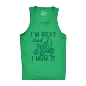 I'm Sexy and I Mow It Mens Fitness Tank Funny Yardwork Fathers Day Graphic Novelty Tanktop Funny Workout Shirt for Men with Plus Sizes Dad Joke Tank Top for Men Funny Music Sleeveless Tee Novelty Tank Tops for Green