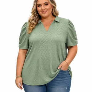 ROSRISS Women's Plus-Size Summer Polo Shirts - V-Neck, Puff Short-Sleeve, Lapel Collared, Smooth Stretchy Ruched Fabric Work Blouses, Eyelet Trendy Tunics, Oversized Feminine Vibes, XL-5XL VPS0186 t shirts women t shirts women