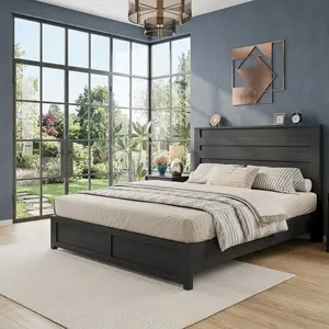 Farmhouse Wood Platform Bed Frame, 49 Inch Fluted Tall Headboard with Natural Wood Grain Finish, Heavy Duty Noise-Free Bed Frame, Sturdy Support No Box Spring Needed, Rustic Style Bed for Bedroom Home Decor