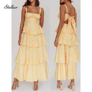 Women 2025Summer Boho Floral Maxi Dress Spaghetti Strap Deep V Neck Lace Sheer Backless Long Ruffle Flowy Dresses Vocation Dress