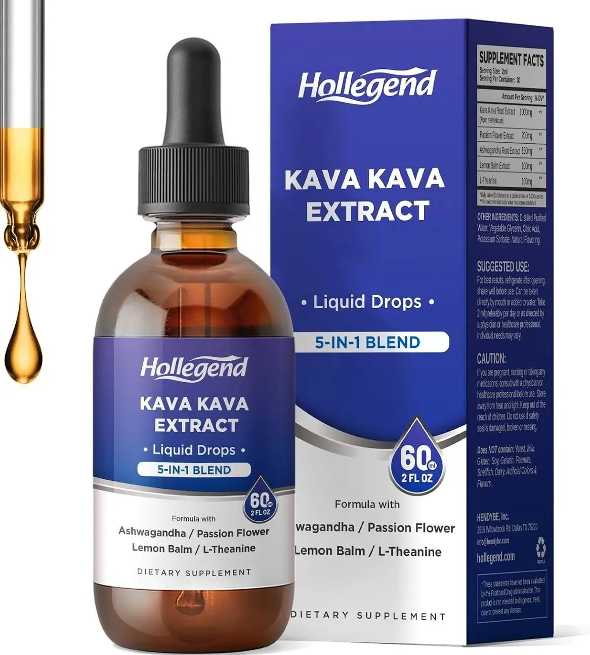 Kava Kava Root Extract Liquid Drops, 5 in 1 Blend with Ashwagandha, Lemon Balm, L-Theanine, Kava Tincture Supplement for Stress Relief, Sleep, Brain Health, 2 Fl Oz
