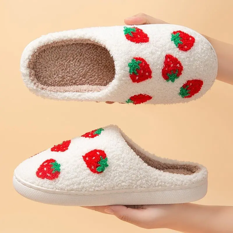 Women's Cartoon Strawberry Print Fuzzy Cotton Slippers - Slippers for Women, Slip-On Closed Toe Slides, Soft Fabric Inner, Warm Sole, Ideal for Indoor Lounging, Cute Gift for Girls, Cartoon Slippers