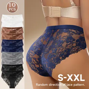 QUASTI 10PCS Mid Waisted Seamless Lace Sexy Lingerie Briefs, Skin-friendly Lace Cheeky Lightweight Panties, Confidence Full Coverage Fashion Aesthetic Underwear, Multi Colored Minimalist Womenswear All Seasons, S-XXL