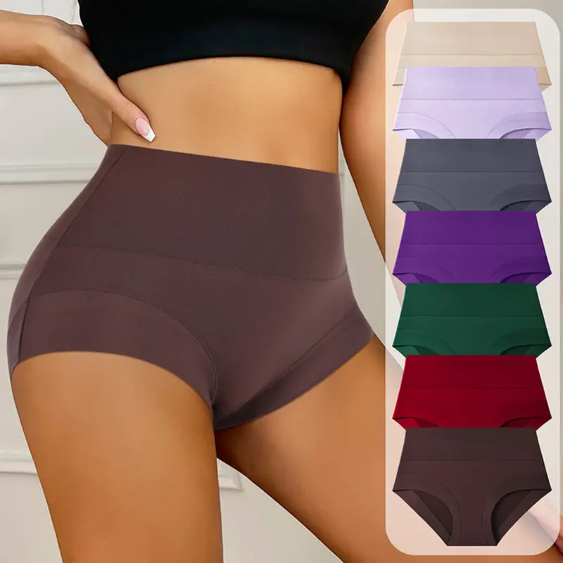 Women’s Plus Size High Waist Panties (Pack of 7) - Soft Milk Silk Fabric, Breathable Solid Color, Smooth Stretch Full Coverage Briefs for Daily Casual Wear
