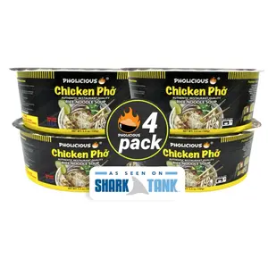 PhoLicious Instant Chicken Pho, Authentic Vietnamese Rice Noodle Soup Kit with Spices & Broth Mix, Ramen Noodles Alternative, Quick Microwave Meal - Pho Noodles Bowl - Chicken Flavor (4 Pack)