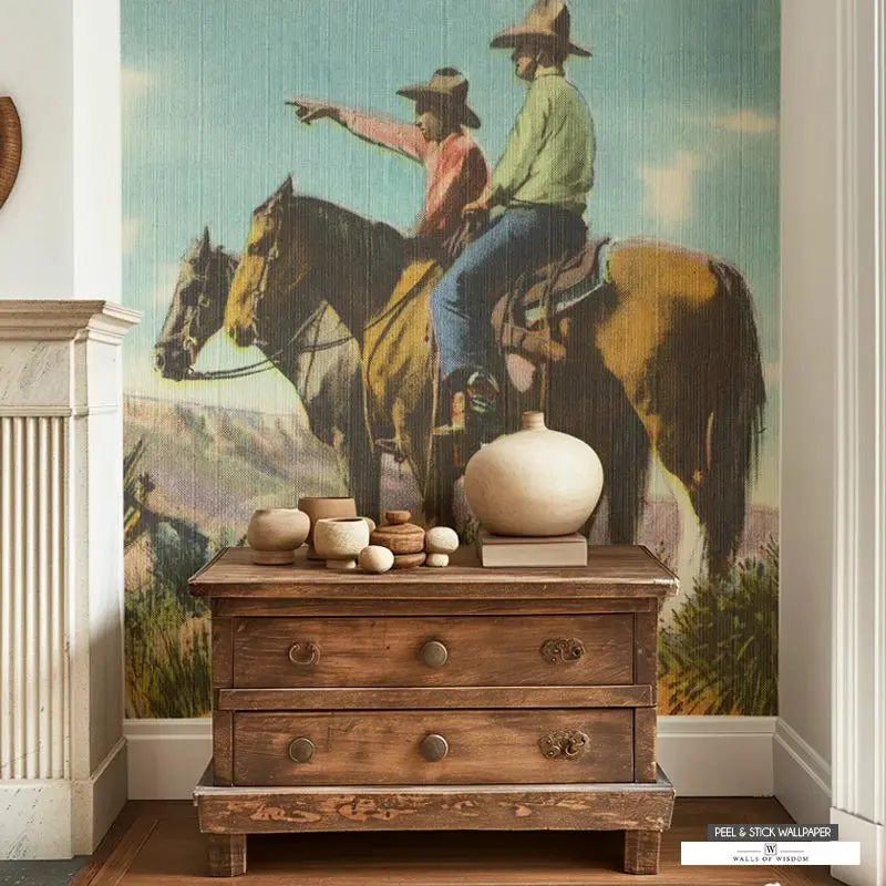 Rangers of the Ole Southwest Mural - Vintage Cowboy Mountain Scene, Muted Color Wallpaper
