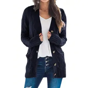 Women's Solid Color Twist Cardigan Fashion Button Sweater Knit Thick Coat