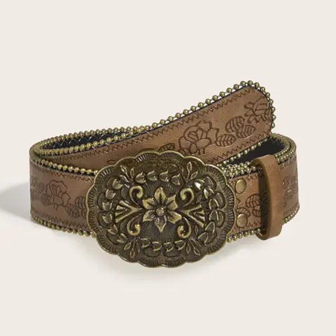 Boho Western Style Vintage Printed Fashion Belt with Metal Buckle, All-Season Wear, Perfect for Dresses & Jeans, Country Stylish Belts for Cowgirls and Cowboys
