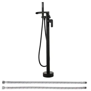 WOWOW 1-Handle Waterfall Freestanding Floor Mount Tub Faucet Bathtub Filler with Hand Shower in Matte Black