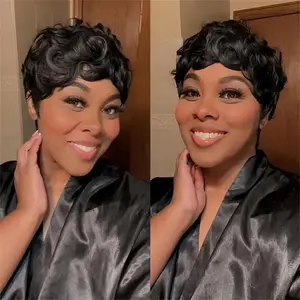 ShowRealHair 230014 Short Curly Pixie Cut Wig for Black Women Short Curly Wigs Brazilian Virgin Human Hair Full Machine Made Wigs Short Curly Pixie Wigs Pixie Cut Layered Wig Natural Black Short Wigs for Black Women Glueless Wig