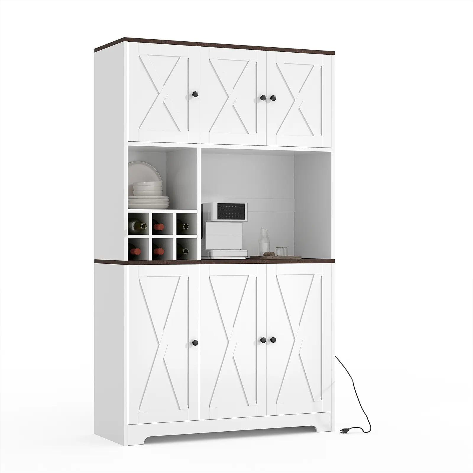 Freestanding Kitchen Pantry Cabinet with Charging Station – 71" Tall White Hutch, Drawers, Shelves, Microwave Stand, Wine Bar Sideboard – Engineered Wood Storage for Dining Room