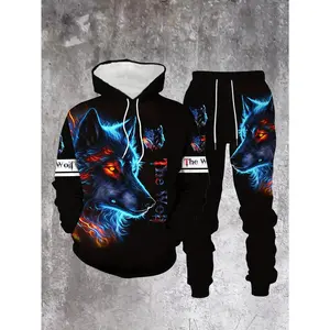 Blue and red double-eyed wolf pattern personalized, stylish and comfortable men's spring and autumn long-sleeve casual sweatshirt set