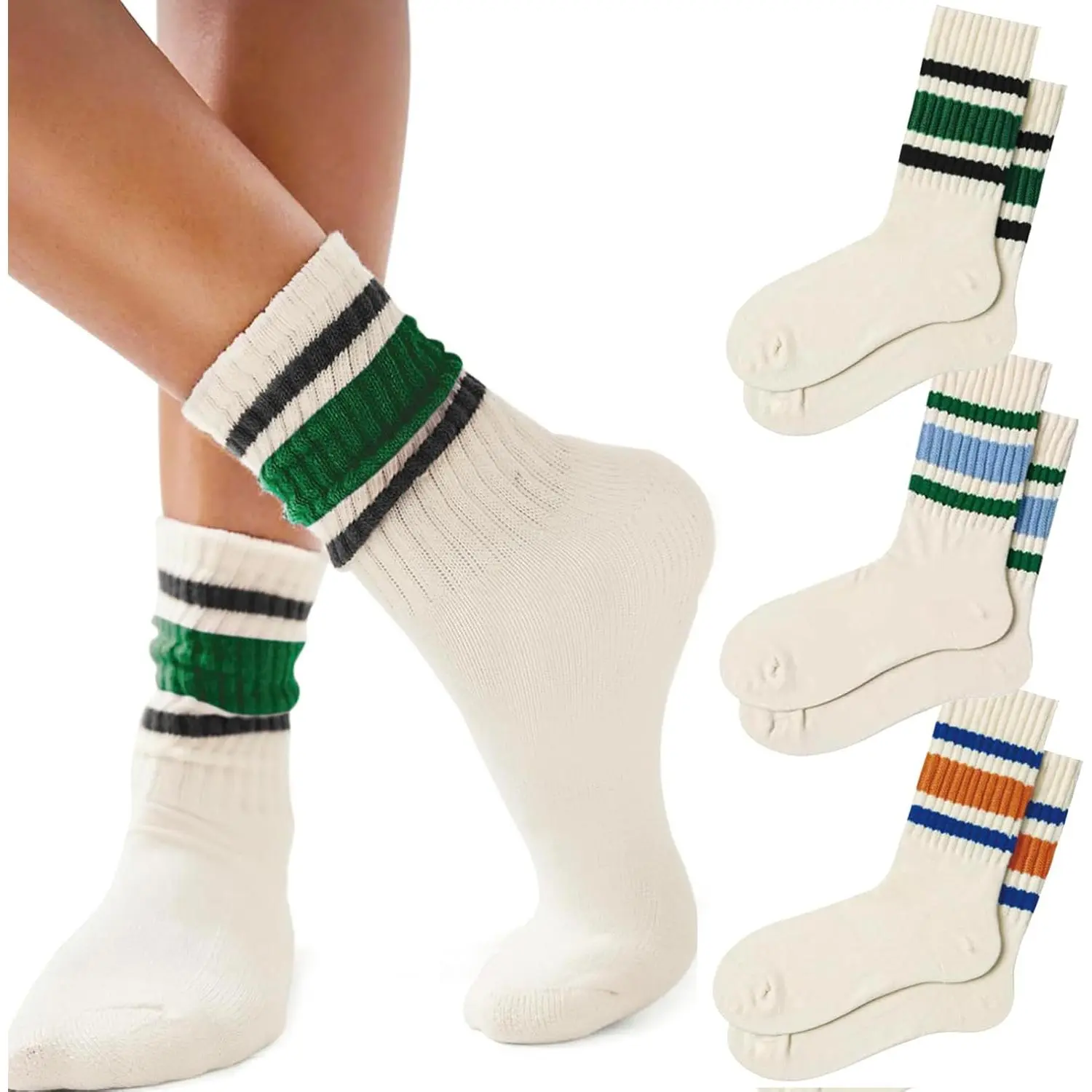 3/4 Pack Chunky Cotton Striped Socks Crew Socks Retro Striped Socks Beauty & Personal Care Athletic Womenswear woman sock Outfits Casual