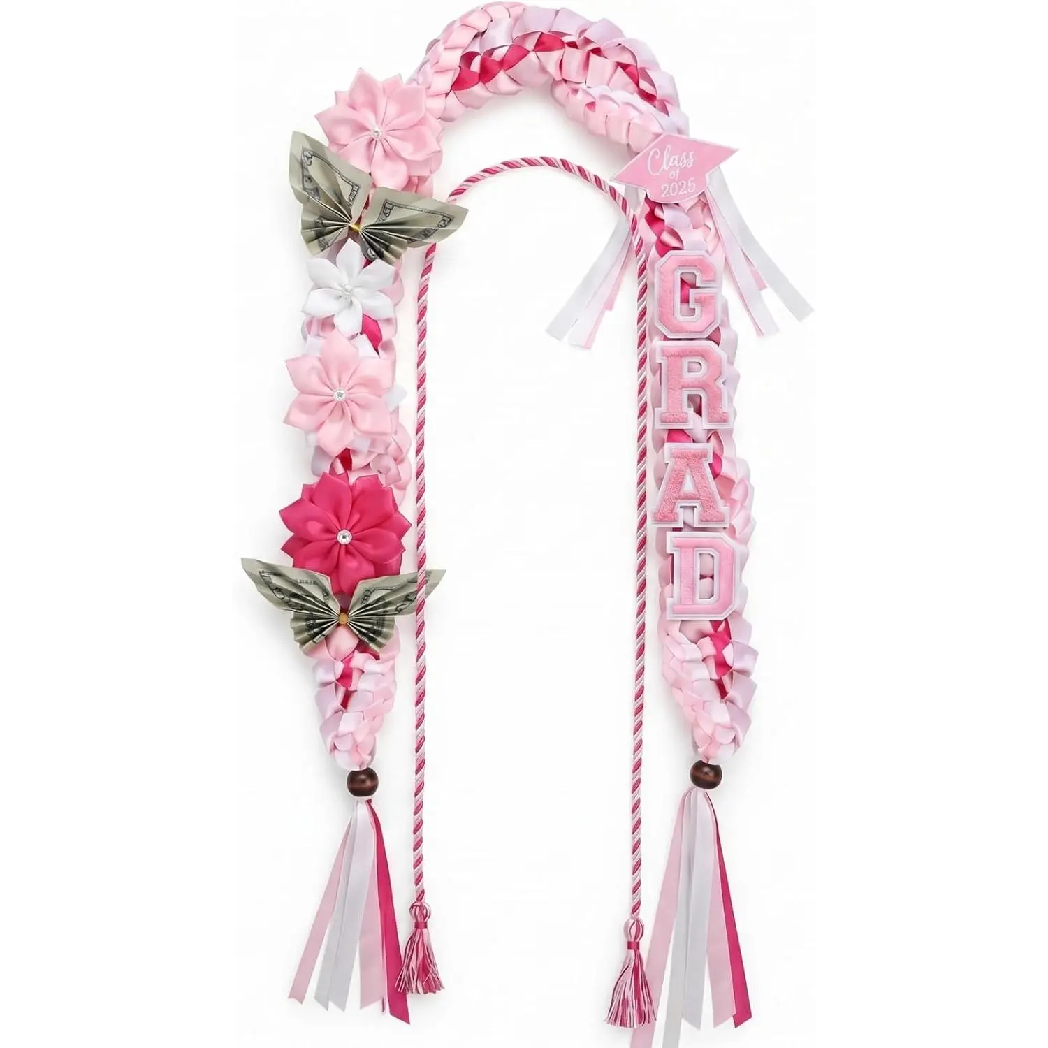 Lyrow 50'' Pink Graduation Lei and Honor Cord Class of 2026 Double Strand Braided Graduation Ribbon Leis Graduate Money Lei Gift with DIY Grad Patch 6 Satin Flower for Men Women Ceremony Party