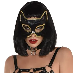 Elegant Black Marabou Cat Mask with Gold Trim