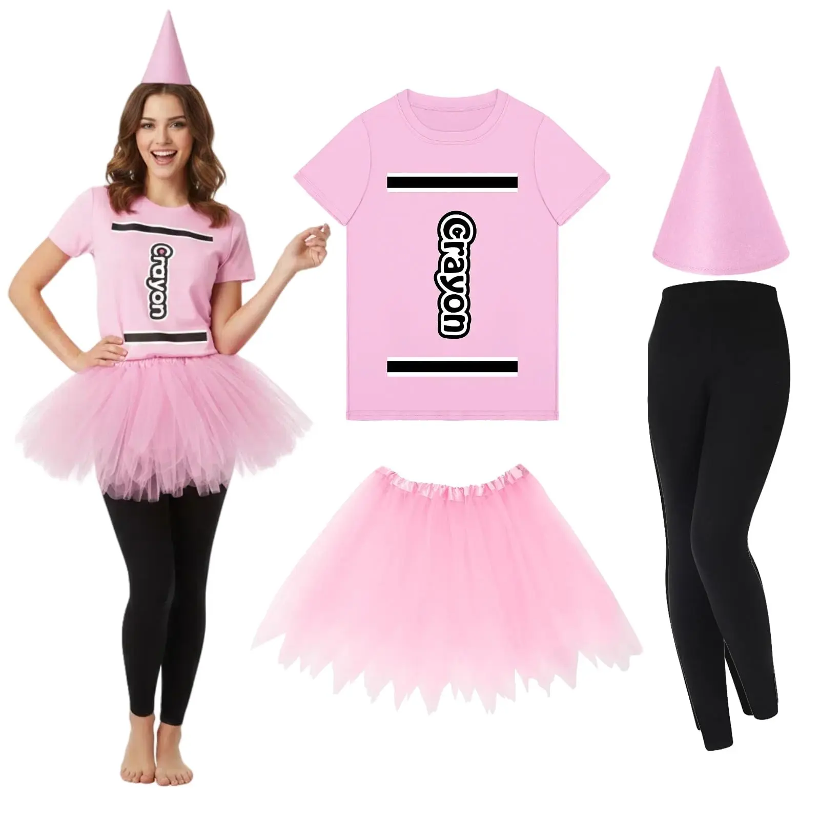 Cute Teacher Crayon Summer Halloween Costume  4 Piece Set, Rainbow Matching Group Outfit with Crayon Top Tutu Skirt Cone Hat Leggings, Themed Dress Up for Educators Team, Adult Women Summweween Party Costume for Spirit Week Classroom
