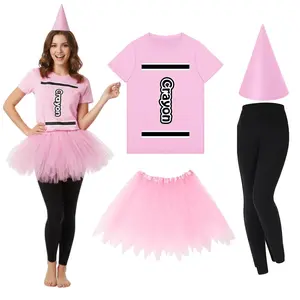Cute Teacher Crayon Summer Halloween Costume  4 Piece Set, Rainbow Matching Group Outfit with Crayon Top Tutu Skirt Cone Hat Leggings, Themed Dress Up for Educators Team, Adult Women Summweween Party Costume for Spirit Week Classroom