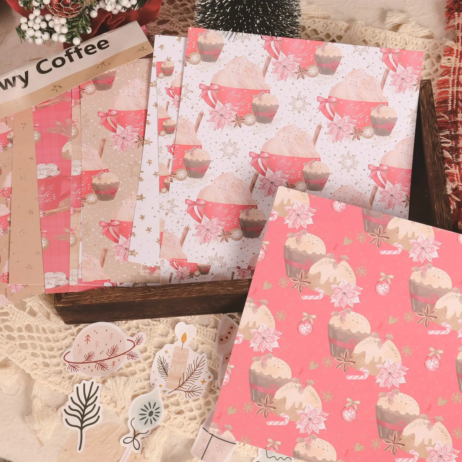JAIIMAN 42pieces (12papers and 30stickers) Christmas Snowy Coffee DIY Decoupage Paper Kit, for Gift Wrapping Paper, DIY Crafts, Background Pad, Junk Journals, Holiday Decorations, Christmas Collage Decoration, Scrapbooking Supplies, Paper Craft