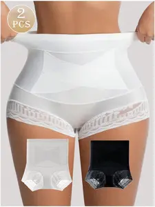 Women's High-Waisted Crossline Control Top Underwear, Lace Trim Butt Lifting Compression Shapewear, Breathable Postpartum Belly Binder, Daily Wear