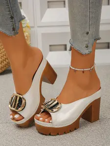 European Style Metal Buckle Thick Sole High Heel Sandals for Women, Waterproof Open Toe Mules, Outdoor Wear Comfortable Shoes