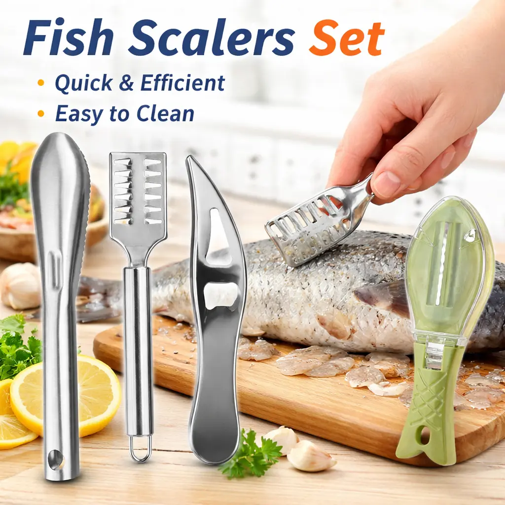 4pcs Stainless Steel Fish Scaler Utensils Set with Handle - ABS, Reusable, Effortless Scale Removal Multi-Tool with Kitchen Scraper, Grater, Built-in Bottle Opener for Seafood Cleaning, Camping, Gift for Friends and Neighbors