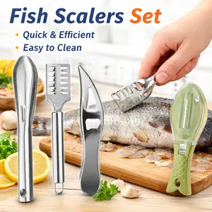 4 Pack Stainless Steel Fish Scaler Set, Multi-Functional Kitchen Scraper & Grater with Bottle Opener for Seafood Cleaning, Fishing & Camping
