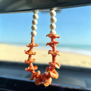 Hawaiian Car Leis Decor,Flower Rear View Mirror Hanging Accessories,Cute Polymer Clay Charm,Boho Beach Coastal Theme Pendant,Interior Aesthetic Fun Wood Beads Ornament for Women(Orange)