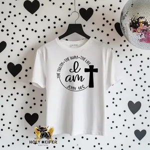 Holy Faith Based Tee - White Top with Graphic, Short Sleeve, Womenswear Design
