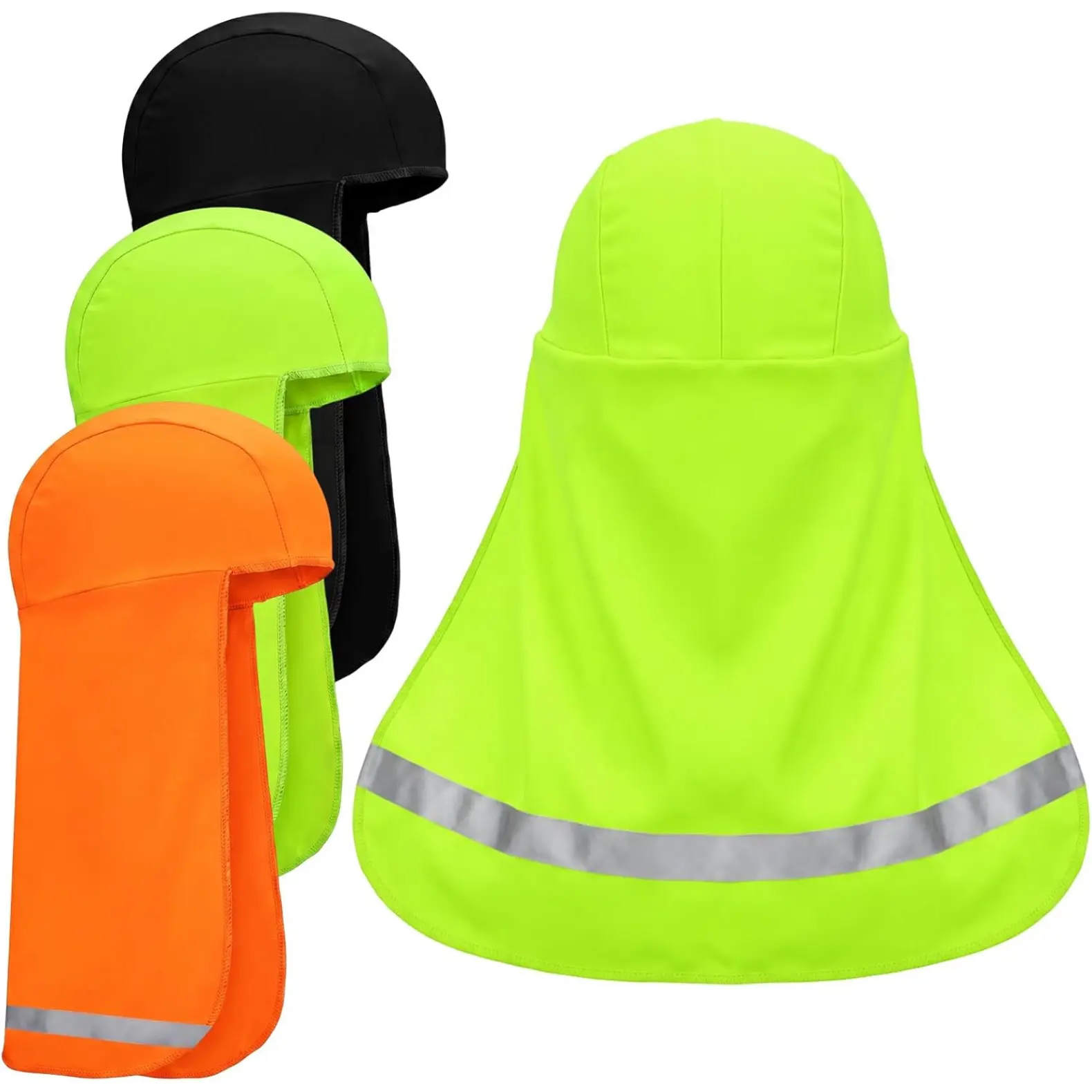 4-Pack Cooling Skull Caps with Extended Neck Shade, Unisex Soft Poly Breathable & Reflective Helmet Liners for Heat Relief During Outdoor Activities, Moisture Mgt, All Seasons, Adults, Fluorescent Green