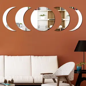 5 Acrylic Mirror Wall Stickers Self Adhesive Moon Phase Mirrors Bohemian Decor for Home Living Room Bathroom Bedroom