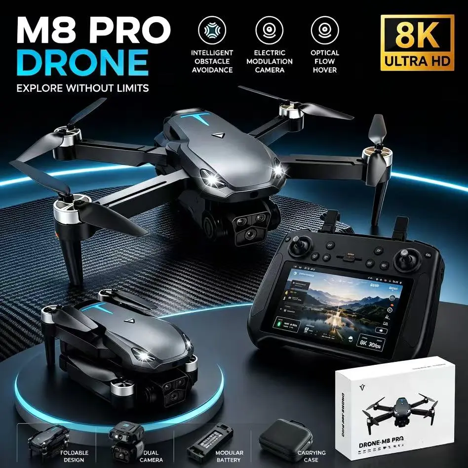 M8 Pro Drone 8K Ultra HD with Intelligent Obstacle Avoidance Electric Modulation Camera & Optical Flow Hover Features