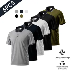 Men's 5-Piece Polo Shirt Set | Striped Collar 100% Polyester Breathable Quick-Dry Casual Golf Shirts | Ideal Gift for Men Father's Day Husband's Day