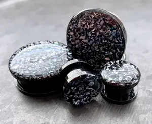 PAIR of Unique Rainbow Fossil Stainless Steel Black Screw Fit Tunnels / Plugs - Gauges 2g (6mm) thru 1" (25mm)