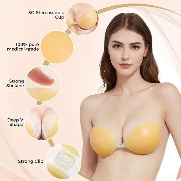 Strapless adhesive bra with a push-up effect, reusable, made of silicone, suitable for women.