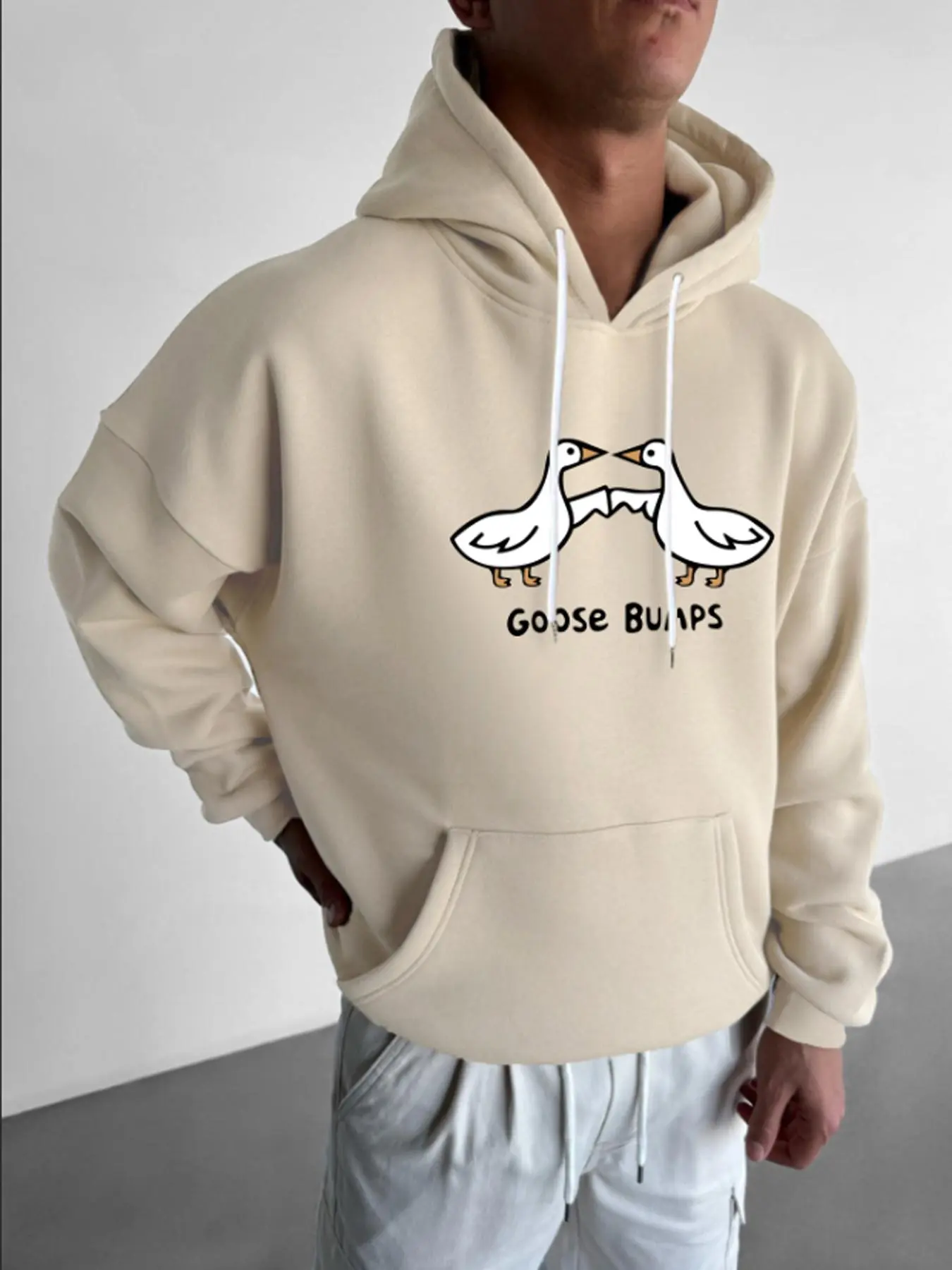 Unisex Men's Cartoon Goose & Letter Print Drop Shoulder Hoodie, Fashion Casual Drawstring Pocket Hooded Sweatshirt for Daily Holiday Outdoor Wear, Men Clothes for Fall & Winter, Casual Loose Sweatshirt