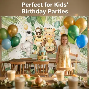 Watercolor Wildlife Birthday Backdrop, Base with Leaves and Cute Jungle Animals, Durable Polyester, Large Rectangular, Ideal for Parties