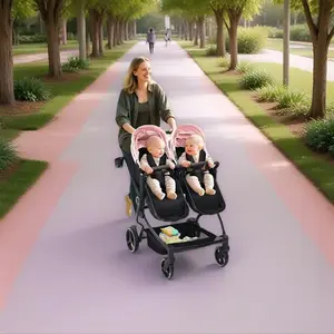 Twin Stroller Double, Side by Side Lightweight Baby Pushchair, Compact Folding Travel Pram with High Backrest & Adjustable Canopy, Large Storage Basket for Infant & Toddler