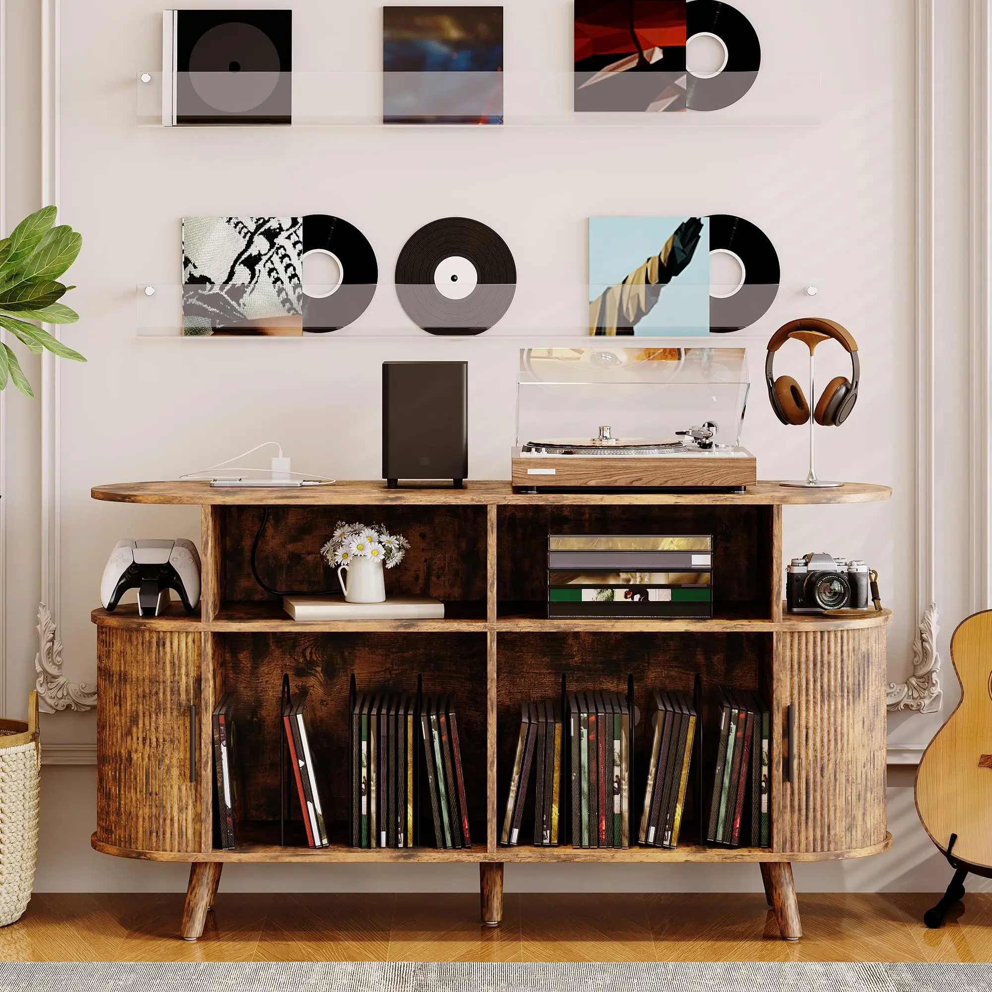 55'' Fluted Mid Century Modern Turntable Cabinet with Vinyl Storage, Large Round Record Player Stand with Charging Station and Display Shelf, Arched Wood Record Player Table for Living Room,Rustic Wood